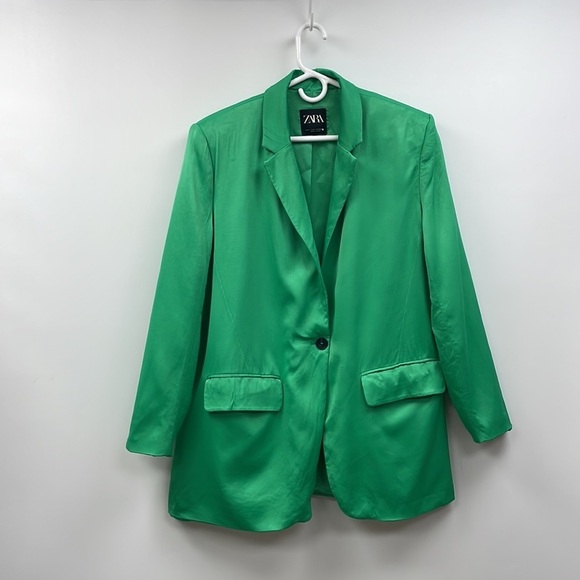 Zara Satin Effect Straight Cut Single Breasted Boyfriend Blazer Kelly Green Med - Picture 3 of 12